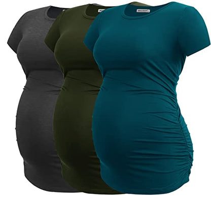 Smallshow Women's Side Ruched Tunic Maternity Shirts 3 Packs - color: Army Green-deep Grey-teal(3 Pack), size: Medium