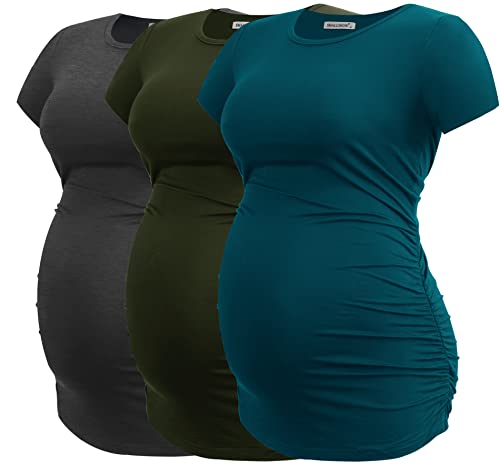 Smallshow Women's Side Ruched Tunic Maternity Shirts 3 Packs - color: Army Green-deep Grey-teal(3 Pack), size: Large