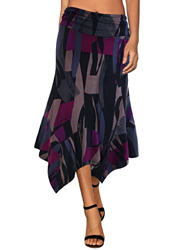 DJT Women's Flowy Handkerchief Hemline Midi Skirt - color: Black Purple Painting, size: XX-Large