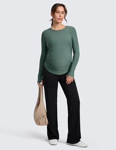 CRZ YOGA Maternity Side Ruched Tops - color: Graphite Green, size: Small