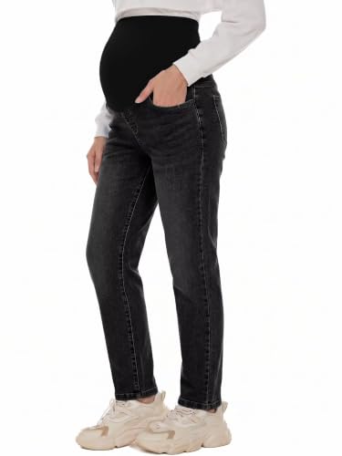 Yoklass Over The Belly Maternity Jeans Long Pants with Pockets - color: A04: Dark Grey, size: Medium