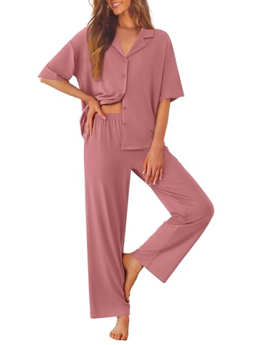 Ekouaer Women Pajamas Set Button Down Sleepwear Short Sleeve Pjs Long Pants - color: Old Rose, size: Medium