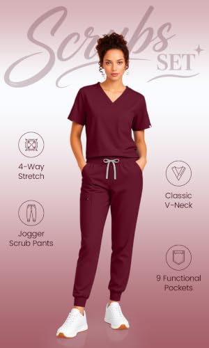 Scrubs for Women Set, V-Neck Top & Jogger Pants - color: Burgundy, size: Medium
