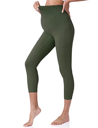 POSHDIVAH Maternity Capri Leggings with Pockets Pregnancy Workout Pants - color: Army Green, size: X-Small
