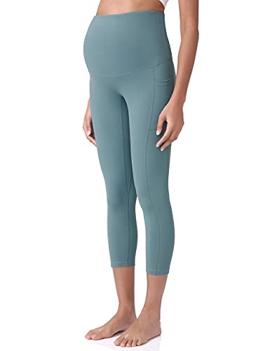 POSHDIVAH Maternity Capri Leggings with Pockets Pregnancy Workout Pants - color: Blue, size: Large