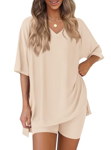PRETTYGARDEN Womens 2 Piece Outfit Lounge Short Sets - color: Beige, size: Small