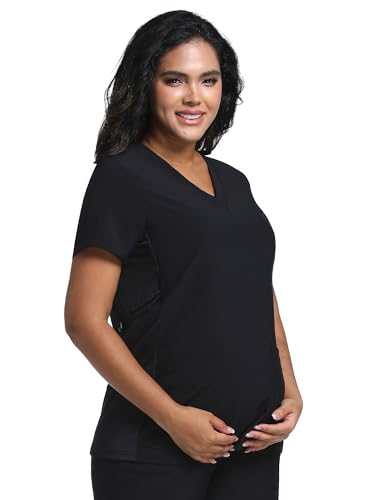 COZYFIT Maternity Scrub Top, V-Neck Pregnancy Shirt with 2 Pockets - color: Black, size: Medium
