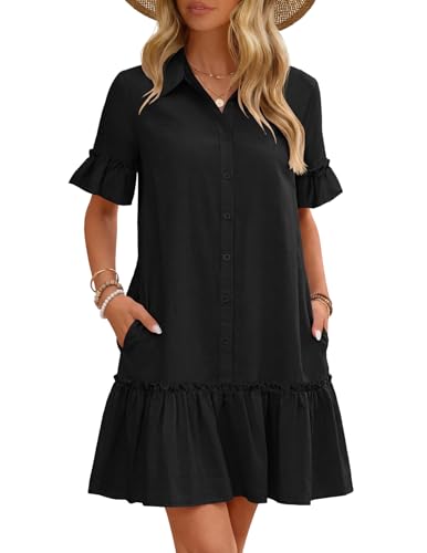MEROKEETY Women's Summer Casual Tshirt Dress Button Down Shift Mini Dresses - color: Black, size: Small