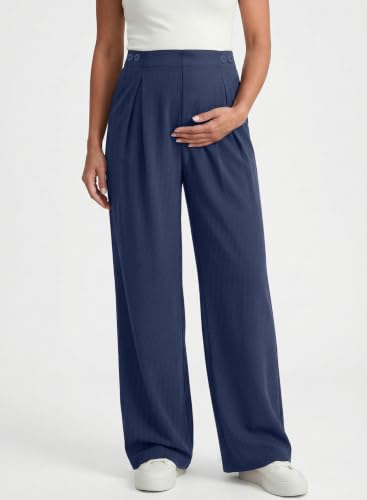 BLENCOT Maternity Pants Work Waffle Knit Wide Leg Pregnancy Trousers - color: Navy Blue, size: Large