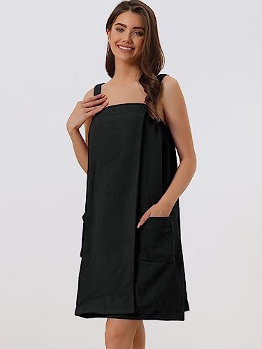 cheibear Women Terry Towel Dress Wrap Bathrobe with Pockets Headband - color: Black, size: Medium