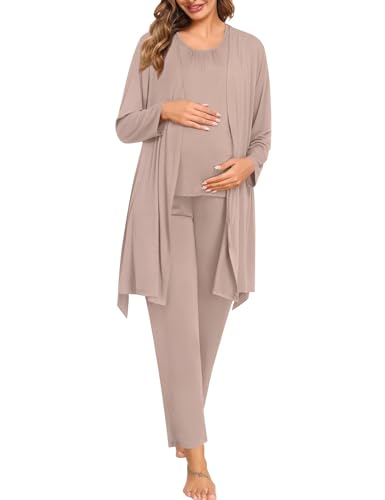 SWOMOG 3pcs Maternity Nursing Robe Set Labor Delivery Double Layer Pajamas Set Postpartum Breastfeeding PJS, S-XXL - color: Light Brown, size: XX-Large