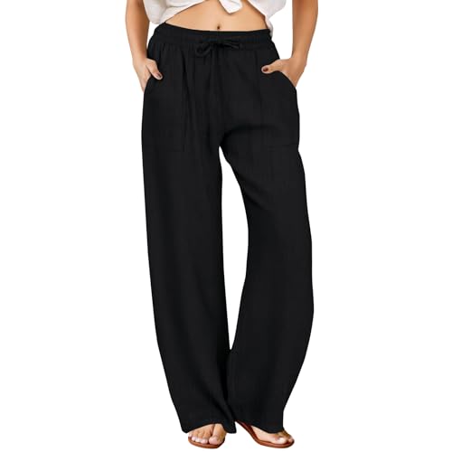 FireSwan Linen Pants Women Drawstring Elastic Waist Wide Leg Palazzo Pants - color: Black, size: Medium