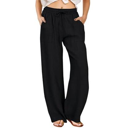 FireSwan Linen Pants Women Drawstring Elastic Waist Wide Leg Palazzo Pants - color: Black, size: Medium