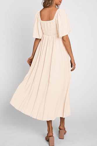 PRETTYGARDEN Women's Summer Bow Tie V Neck Midi Dresses - color: Beige, size: Large