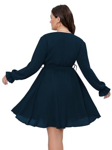SCOMCHIC Women's Plus Size Long Sleeve Wrap V Neck A Line Mini Dress - color: Lake Blue, size: 3X-Large Plus