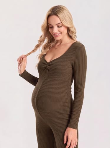 BLENCOT Maternity Ribbed Jumpsuit Long Sleeve Square Neck Stretchy Romper - color: Brown, size: Medium