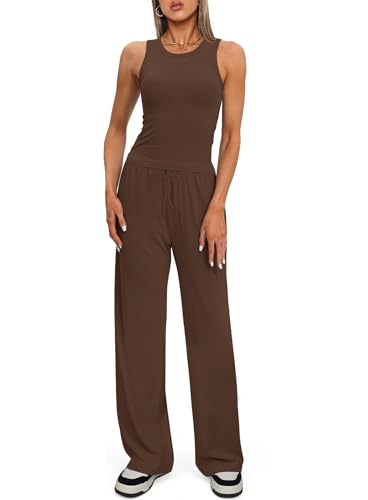 Darong Women's 2 Piece Summer Outfits Sleeveless Matching Lounge Sets - color: Coffee, size: Large