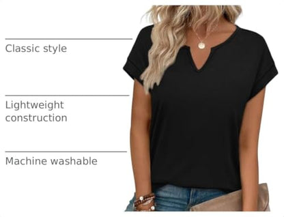 WIHOLL Womens Summer Tops 2026 Cap Short Sleeve Shirts V Neck Tshirts Spring Blouses Beach Vacation Clothes - color: Solid Black, size: Large