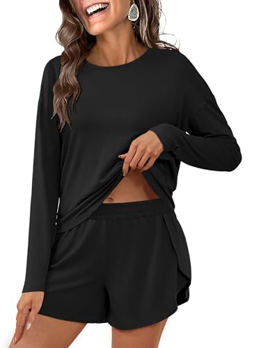 ANRABESS Womens Long Sleeve Striped Pajama 2 Piece Lounge Sets - color: Black, size: Small