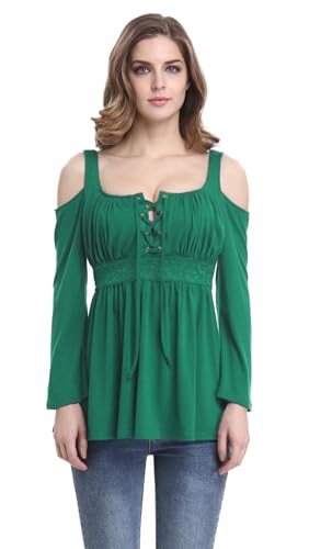 Women's Cold Shoulder Lace Up Casual Tunic Solid Blouse Tops - color: Green, size: Medium