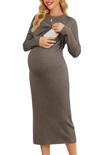 OUGES Women's Wool Blend Sweater Nursing Ribbed Fall Maternity Dress - color: Coffee, size: Large