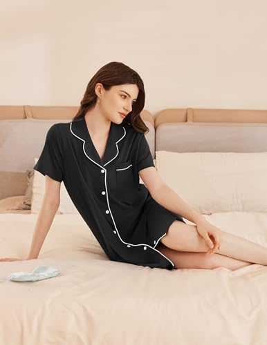 Ekouaer Womens Cotton Nightgowns Button Down Sleep Shirts Soft Night Shirts - color: Black, size: X-Large