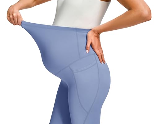 JOYSPELS Smooth Feeling Maternity Workout Leggings with Pockets Pregnancy Pants Over The Belly - color: Light Blue, size: Medium