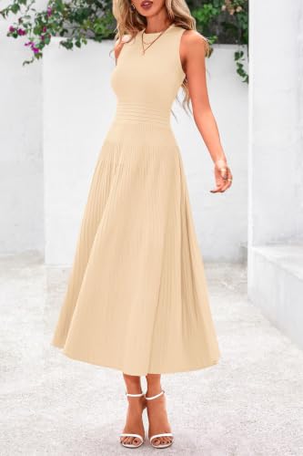 PRETTYGARDEN Women's Summer Pleated Midi Work Dress - color: Apricot, size: X-Large