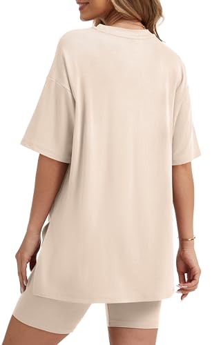 RUBZOOF Women 2 Piece Lounge Sets Summer Outfits Shorts Set - color: Beige, size: Small