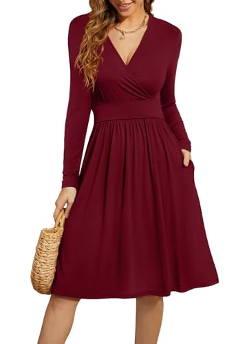 WEACZZY Women's Long Sleeve V Neck Casual Fall Dresses with Pockets - color: 01 Long Sleeve Wine Red, size: XX-Large