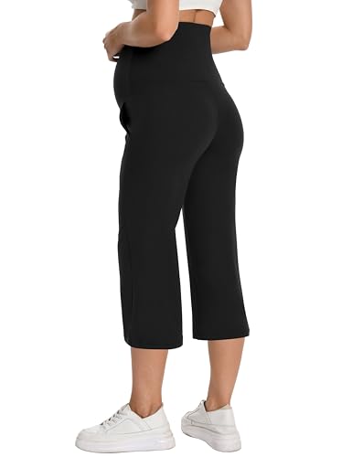 Foucome Maternity Capris Wide Leg Cropped Yoga Pants - color: Black, size: Large