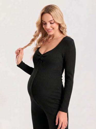 BLENCOT Maternity Ribbed Jumpsuit Long Sleeve Square Neck Stretchy Romper - color: Black, size: Large