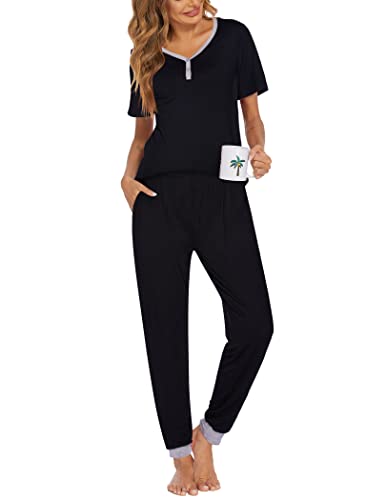 Ekouaer Pajamas for Women Set 2 Piece Fall Sleepwear with Pockets - color: Black, size: X-Large