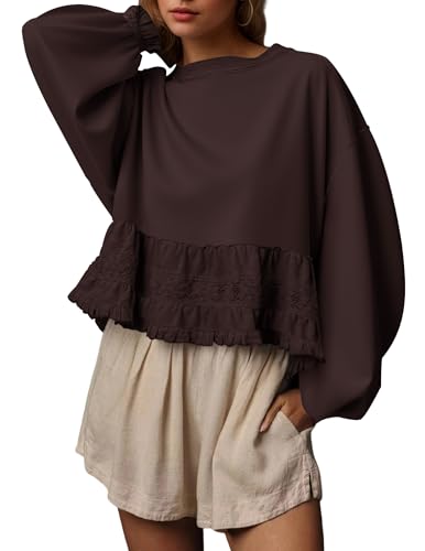 Burtell Crew Neck Crop Oversized Sweatshirts For Women Casual Long Puff Sleeve Babydoll Tops Loose Lace Patchwork Peplum Top - color: Brown, size: X-Large