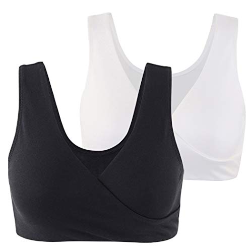 KUCI Maternity Nursing Bra Wireless Cotton Breastfeeding Bra for Sleep - color: Black+white/2pack, size: Medium