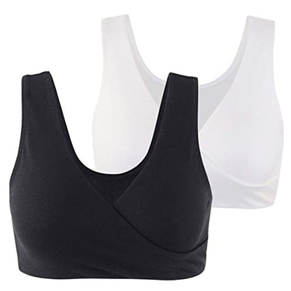 KUCI Maternity Nursing Bra Wireless Cotton Breastfeeding Bra for Sleep - color: Black+white/2pack, size: Medium