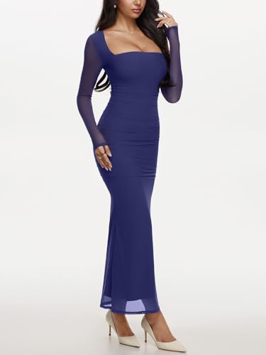 REORIA Womens Long Sleeve Wedding Guest Maxi Dresses - color: Bellwether Blue, size: X-Small