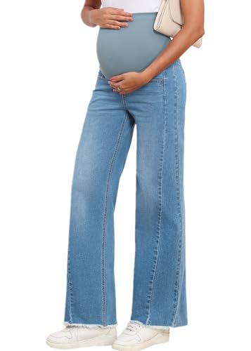 BLENCOT Women Maternity Jeans Bootcut Straight Leg Stretchy Denim Pants - color: Light Blue, size: Large
