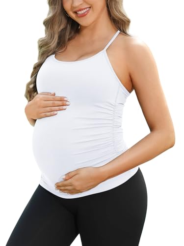 ATTRACO Women's Maternity Tank Tops with Built in Bra Pregnancy Tank - color: White, size: Medium