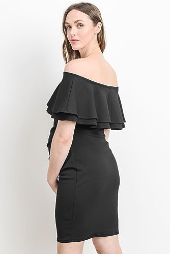 LaClef Women's Off Shoulder Maternity Dress with Double Ruffle - color: Black, size: X-Large
