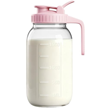 64oz Mason Jar Pitcher, 2quart Glass Breast Milk Pitcher with Lid - color: Pink, size: 64 Ounces