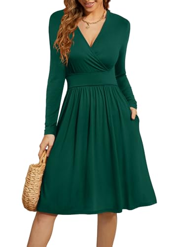 WEACZZY Women's Long Sleeve V Neck Casual Fall Dresses with Pockets - color: 01 Long Sleeve Dark Green, size: Medium