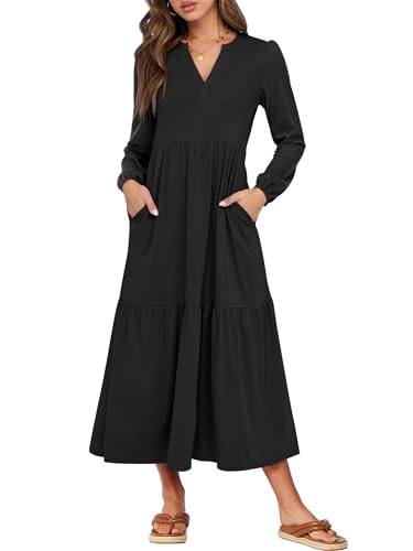 ANRABESS Women's Long Sleeve Fall Flowy Boho Maxi Dresses - color: Black, size: Small