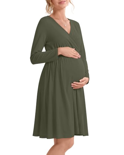 Locoowai Maternity Wrap Long Sleeve Dress V Neck Fall Dress - color: Army Green, size: Medium