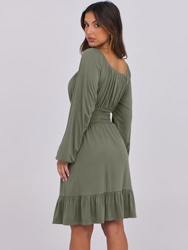 ANRABESS Women Long Lantern Sleeve Square Neck Fall Short Dress - color: Army Green, size: XX-Large