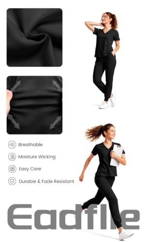 Scrubs for Women Set, V-Neck Top & Jogger Pants - color: Black, size: Small