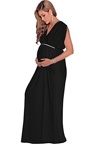KOH KOH Womens Long Short Sleeve V-Neck Maternity Summer Flowy Maxi Dress - color: Black, size: Large