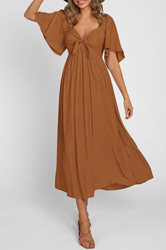 PRETTYGARDEN Women's Summer Bow Tie V Neck Midi Dresses - color: Brown, size: X-Large