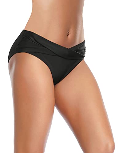 Women Twist Bikini Bottom Full Coverage Ruched Bathing Suit Bottoms - color: Black, size: Medium