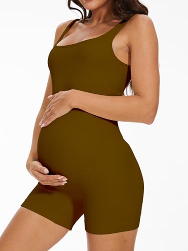 BDITANLE Maternity Workout Romper Pregnancy Yoga Ribbed One Piece Seamless Tank Top Jumpsuit - color: 05brown, size: Medium